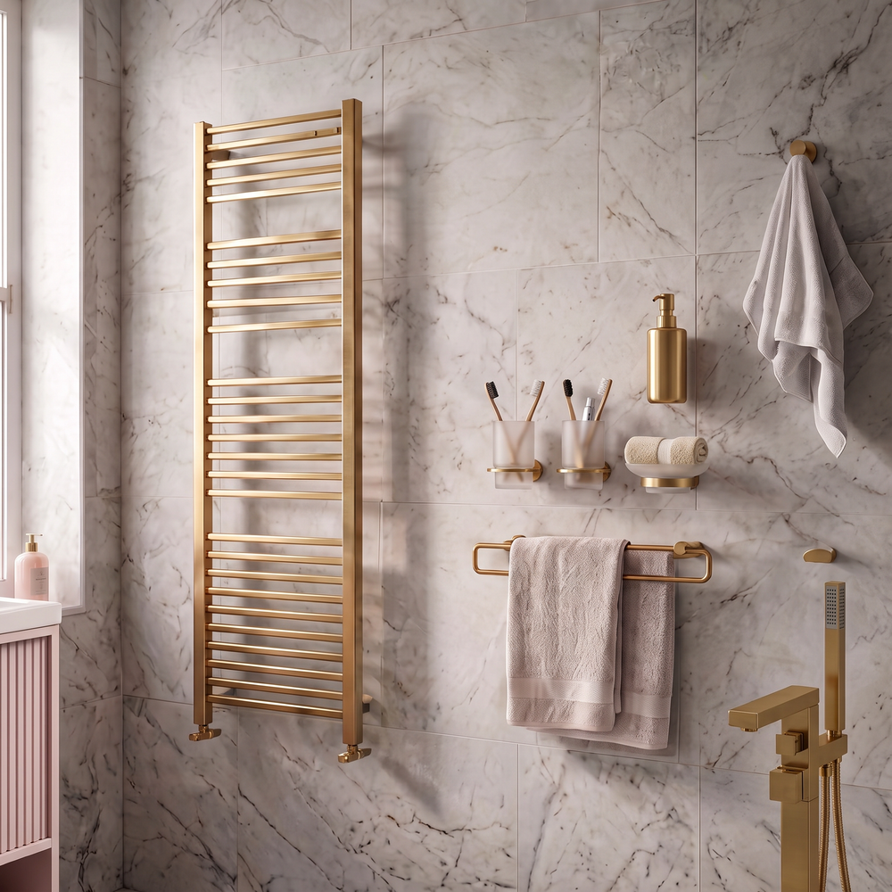 Linnea Cashmere & Brushed Brass Complete Bathroom Suite with 1700mm Fluted Freestanding Bath, Vanity Unit, Toilet & Accessories
