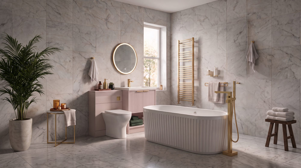 Linnea Cashmere & Brushed Brass Complete Bathroom Suite with 1700mm Fluted Freestanding Bath, Vanity Unit, Toilet & Accessories