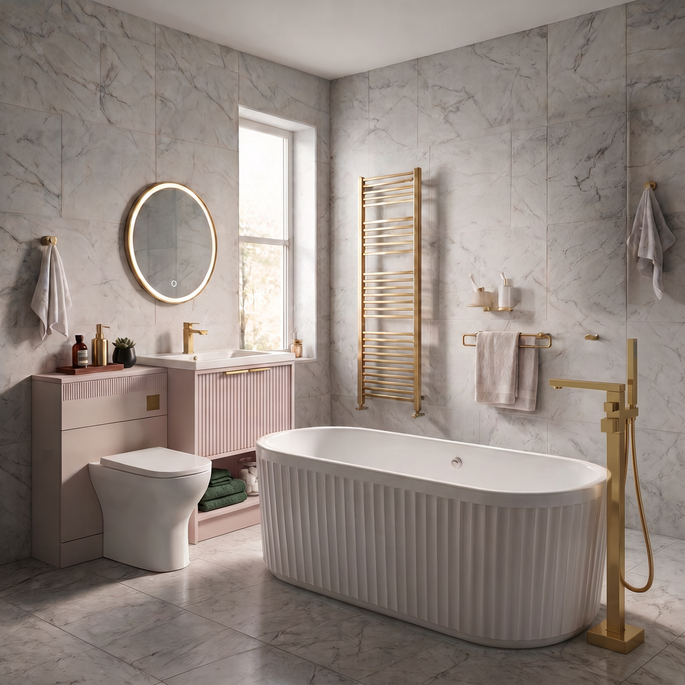 Linnea Cashmere & Brushed Brass Complete Bathroom Suite with 1700mm Fluted Freestanding Bath, Vanity Unit, Toilet & Accessories