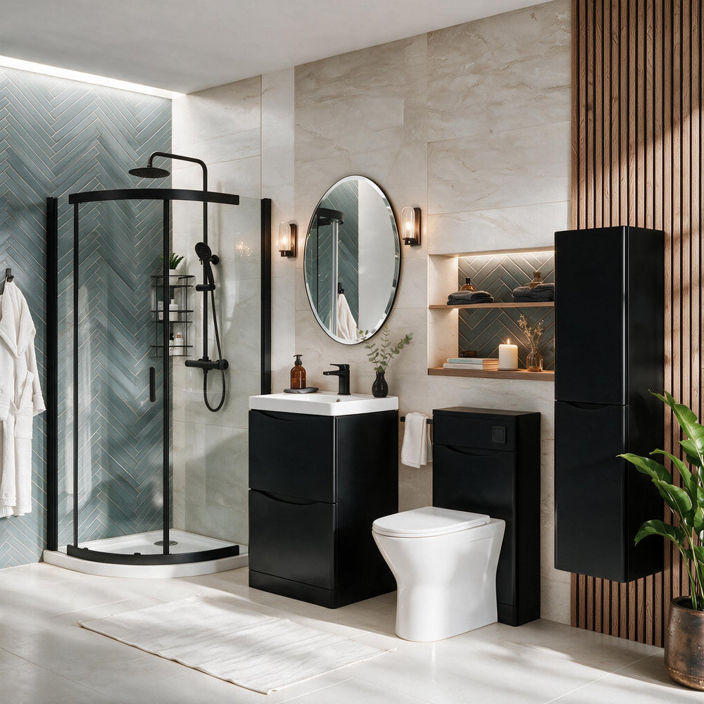 Zentro Black Suite with Odessa Black 800mm Quadrant Enclosure — Vanity, Toilet Unit, Shower & Mirror