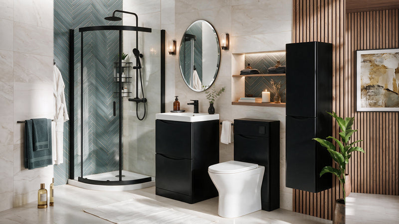 Zentro Black Suite with Odessa Black 800mm Quadrant Enclosure — Vanity, Toilet Unit, Shower & Mirror