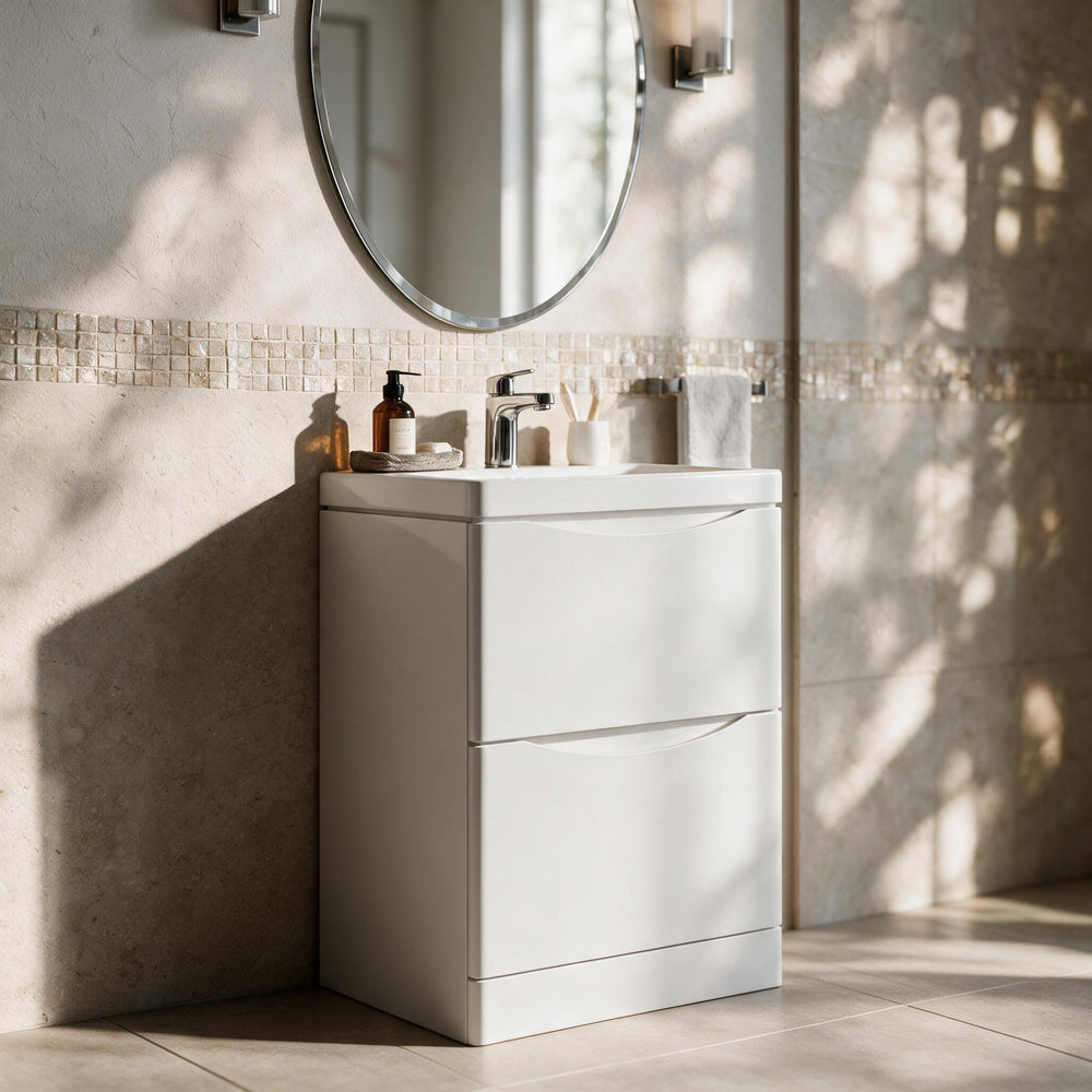 Zentro White Suite with Odessa Chrome 800mm Quadrant Enclosure — Vanity, Toilet Unit, Shower & Mirror