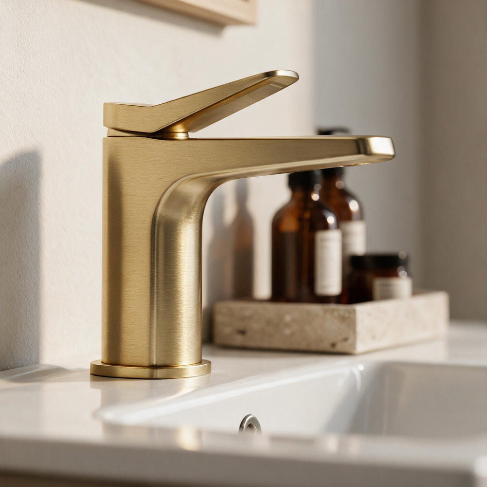 Zentro Cashmere Suite with Odessa Gold 800mm Quadrant Enclosure — Vanity, Toilet Unit, Shower & Mirror
