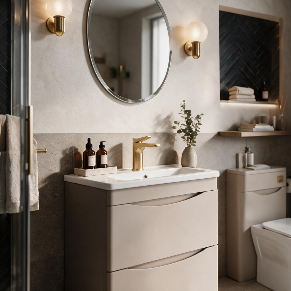 Zentro Cashmere Suite with Odessa Gold 800mm Quadrant Enclosure — Vanity, Toilet Unit, Shower & Mirror