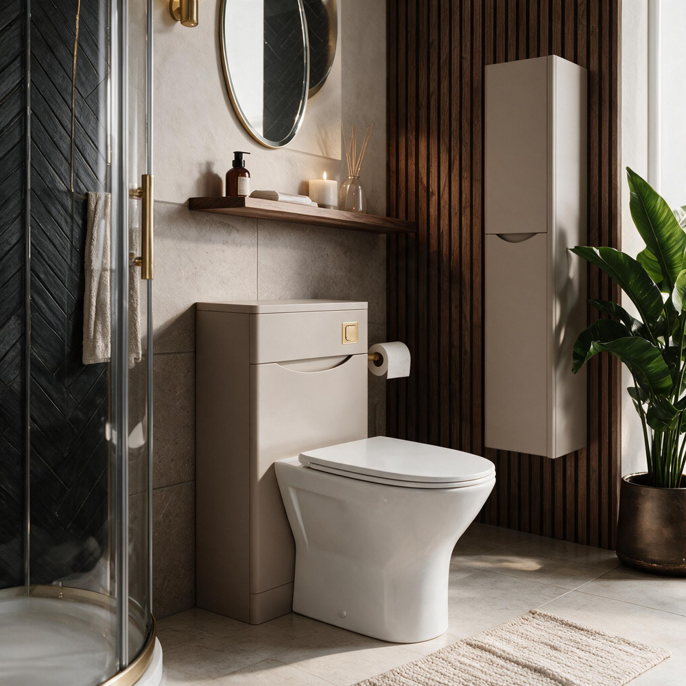 Zentro Cashmere Suite with Odessa Gold 800mm Quadrant Enclosure — Vanity, Toilet Unit, Shower & Mirror