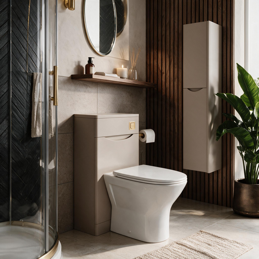 Zentro Cashmere Suite with Odessa Gold 800mm Quadrant Enclosure — Vanity, Toilet Unit, Shower & Mirror
