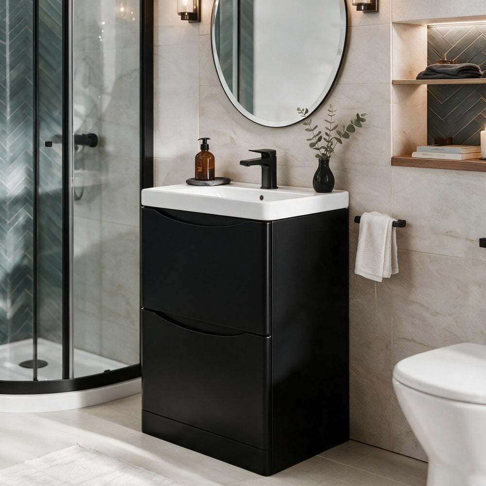 Zentro Black Suite with Odessa Black 800mm Quadrant Enclosure — Vanity, Toilet Unit, Shower & Mirror