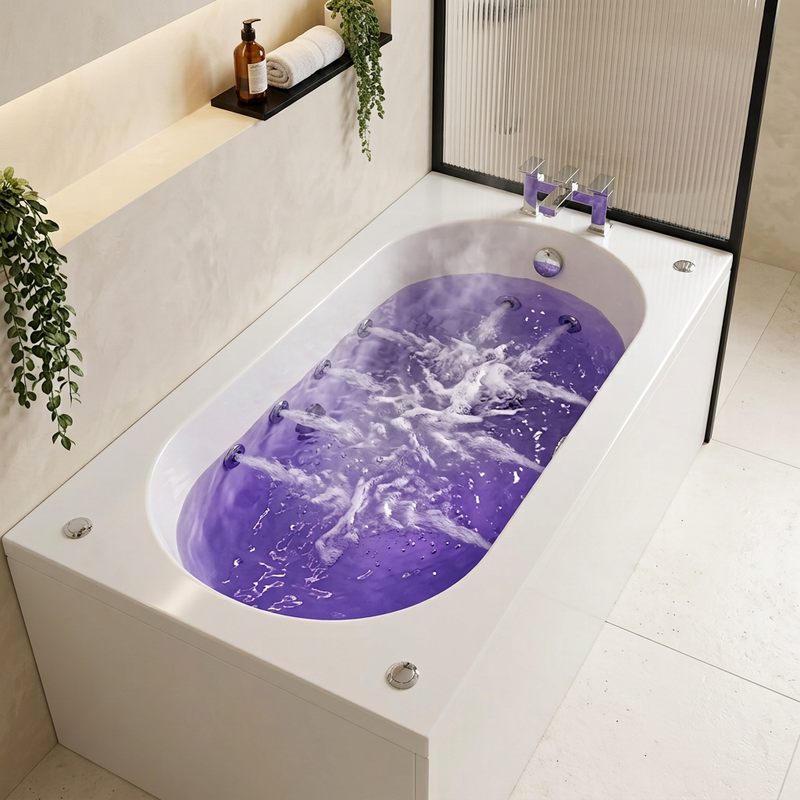 Petite 1200 x 700mm 6 jet whirlpool single ended bath in a styled bathroom setting