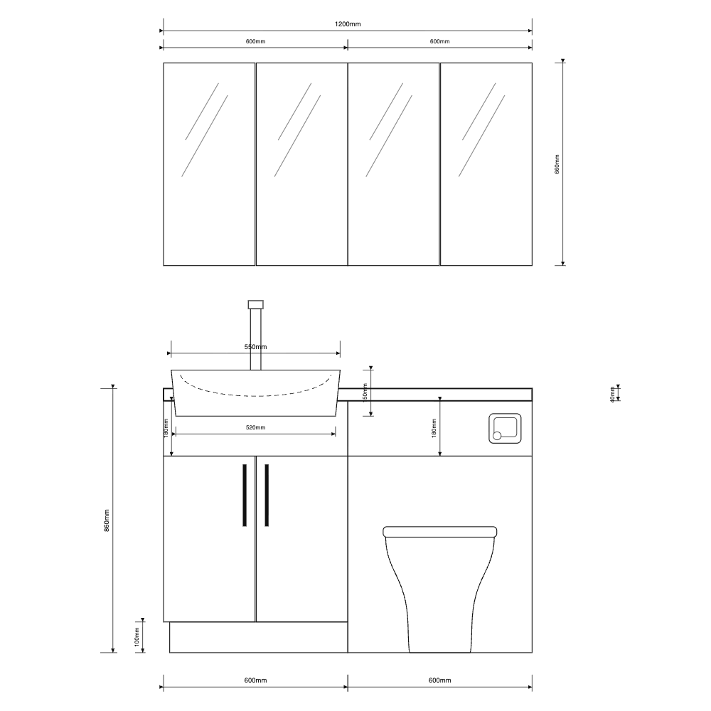 Oliver 1200mm combination front elevation dimensions