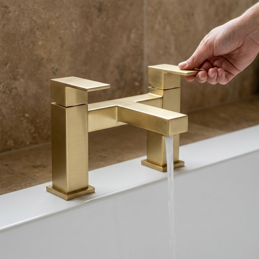 Close-up of the square brushed gold two-pillar bath filler tap running water into the bath