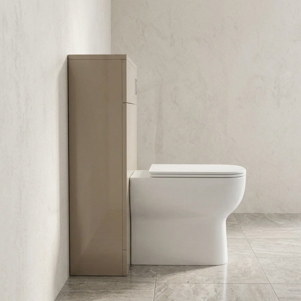 Side profile of the Pemberton latte gloss back to wall toilet unit showing depth and flush pan fit