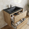 Akron rustic light oak vanity with both handleless drawers open showing storage, black glass basin