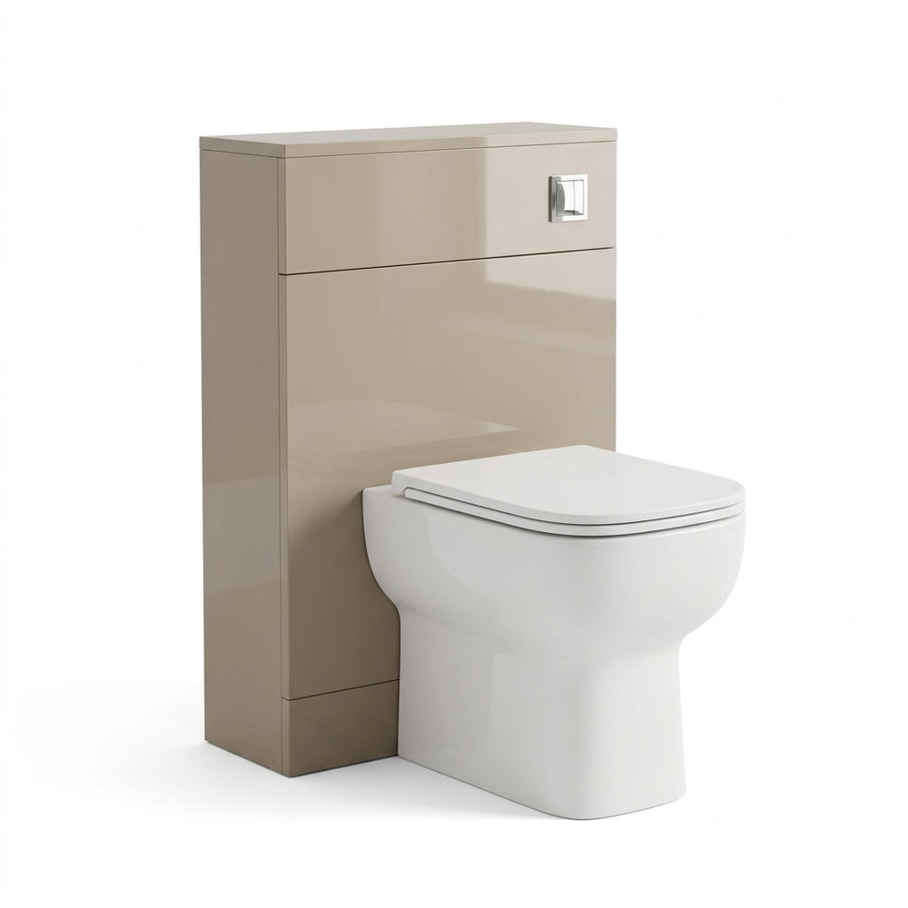 Pemberton 600mm latte gloss back to wall toilet unit with white pan and seat, three-quarter view on white