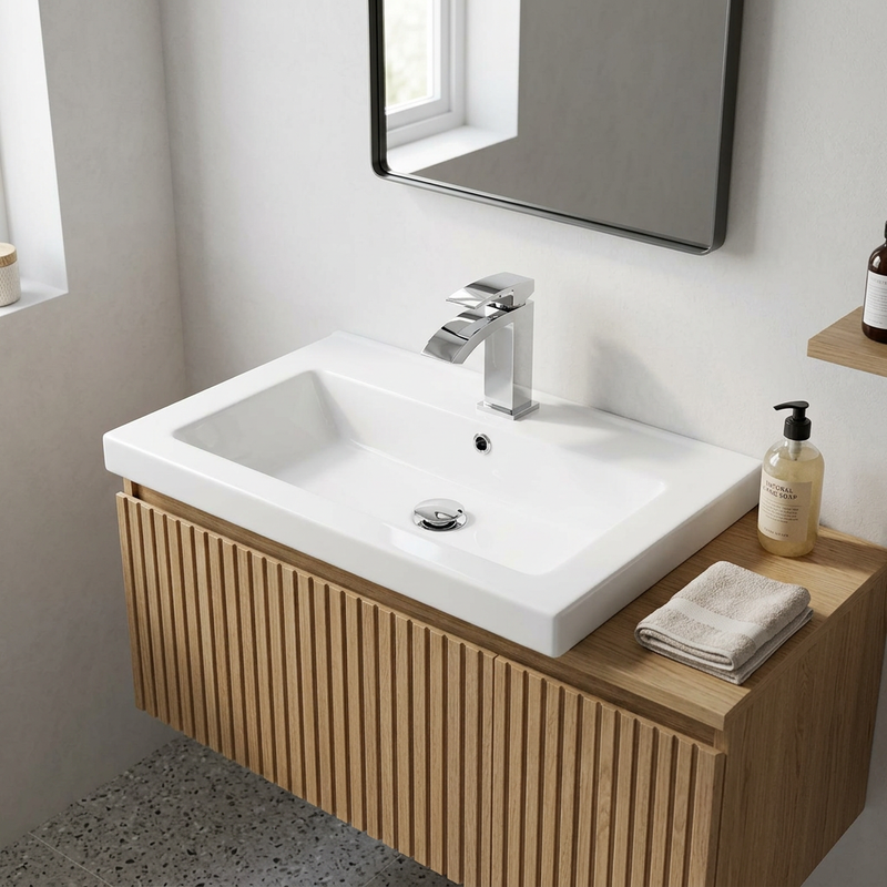 Sidaw chrome waterfall basin mono mixer on a white basin with fluted oak vanity and terrazzo floor