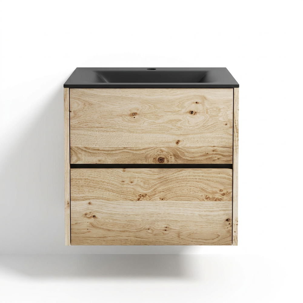 Akron 600mm rustic light oak vanity with black glass basin, front view on white background