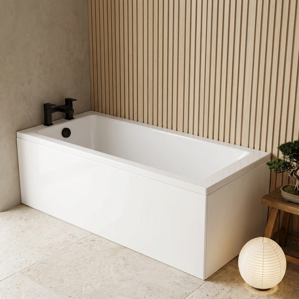 1700 x 700 single ended bath with white panels and matt black bath filler tap in a Japandi-style bathroom