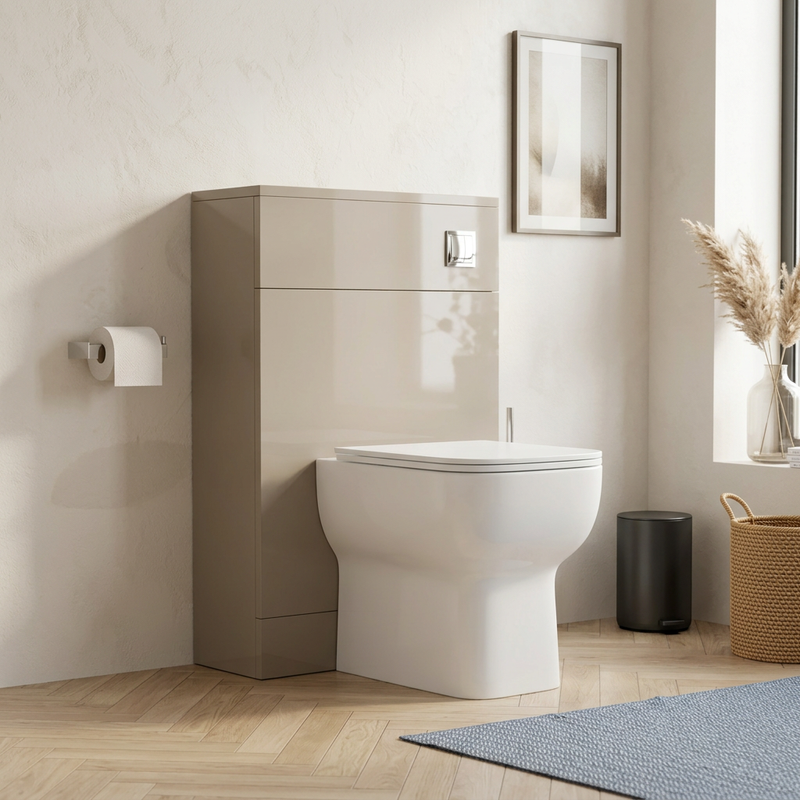 Pemberton 600mm back to wall toilet unit in light taupe latte gloss with white pan and soft close seat, in situ