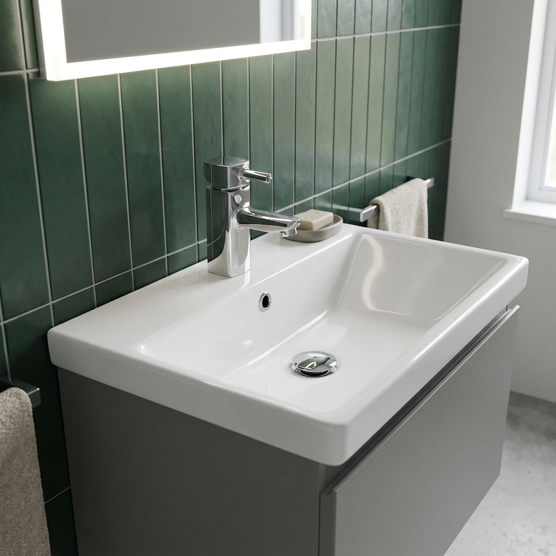 Concept chrome square basin mono mixer with pin lever on a white basin against dark green stacked tiles