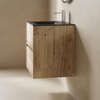 Side profile of the Akron rustic light oak wall hung vanity with black basin showing depth