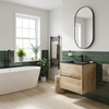 Bright bathroom with the Akron rustic light oak wall hung vanity and black glass basin as the focal point
