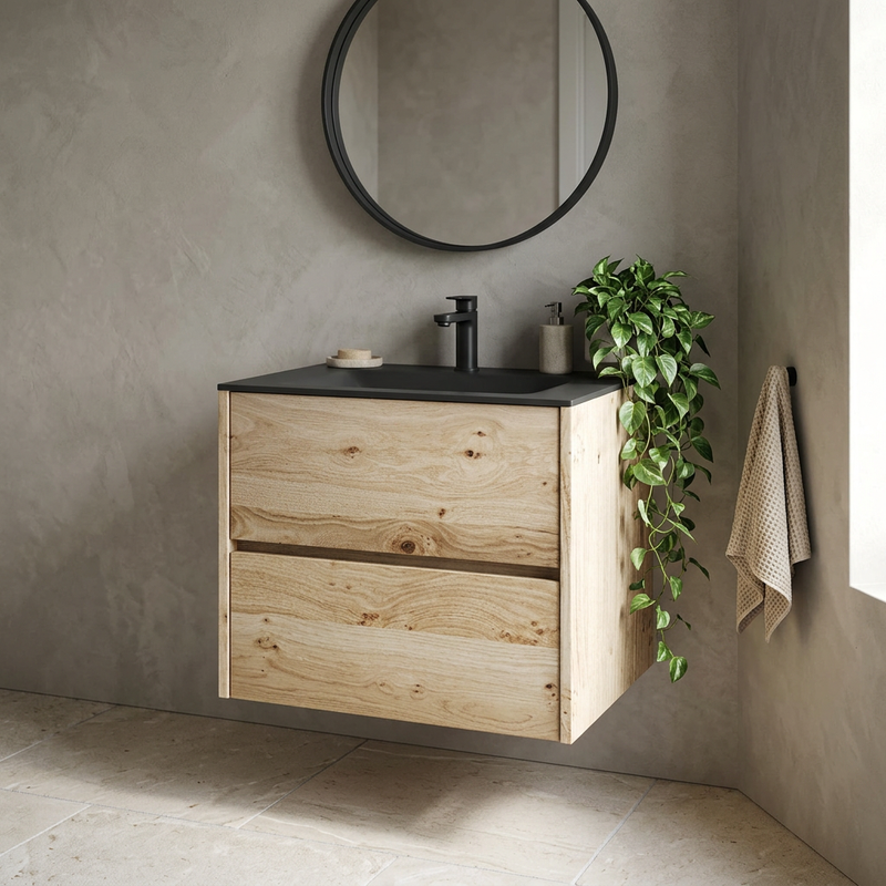 Akron 600mm wall hung vanity in rustic light oak with black glass basin, handleless drawers, in a limewash bathroom