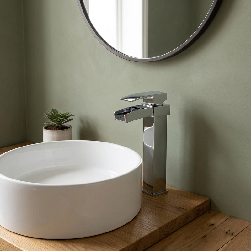 Glenoe tall chrome waterfall basin mixer beside a white vessel basin on an oak worktop in a sage bathroom