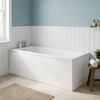 1700 x 700 single ended bath with white front and end panels and chrome bath filler tap in a coastal-style bathroom