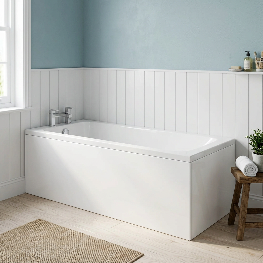 1700 x 700 single ended bath with white front and end panels and chrome bath filler tap in a coastal-style bathroom