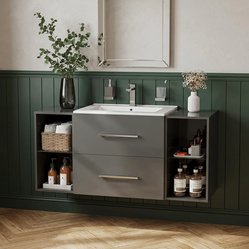 Sonix 1170mm grey gloss wall hung vanity with white basin, chrome bar handles and open shelves both sides