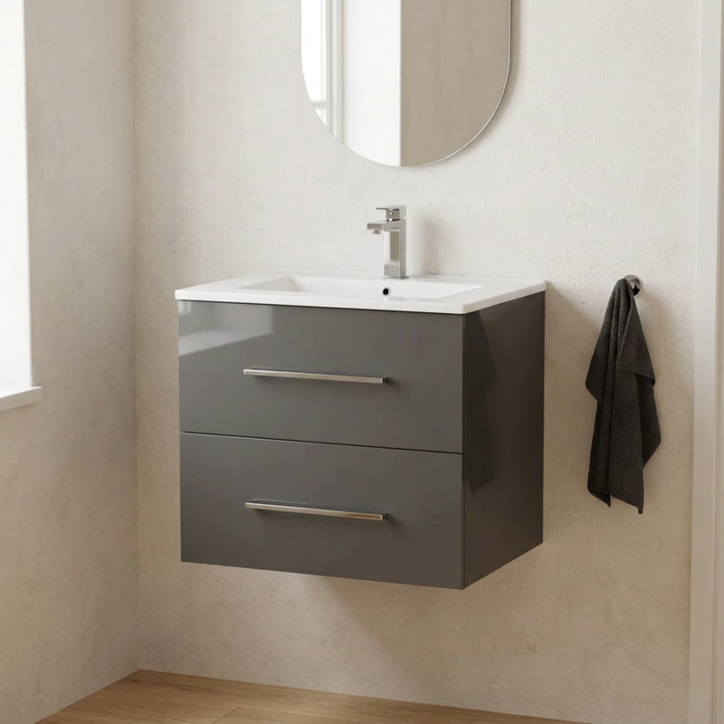 Sonix 600mm grey gloss wall hung vanity with white basin and chrome bar handles in plaster-walled bathroom