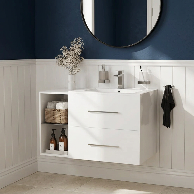 Sonix 890mm white gloss wall hung vanity with white basin, chrome bar handles and open shelf unit in navy bathroom