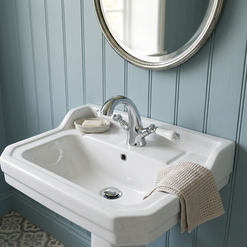 Clarice chrome traditional lever basin mono mixer with white ceramic indices in a duck-egg blue cottage bathroom