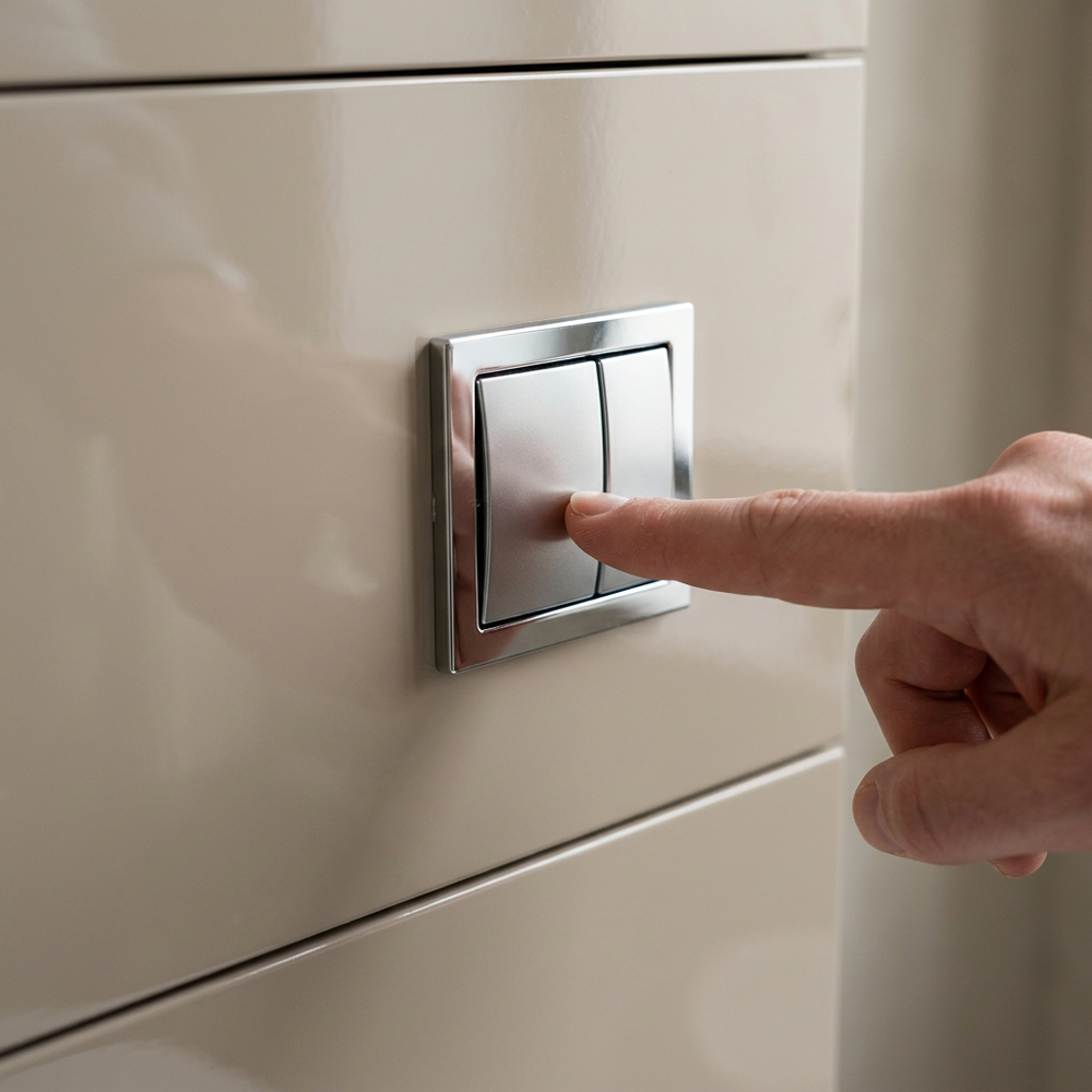 Close-up of finger pressing the dual flush button on the Pemberton latte gloss toilet unit