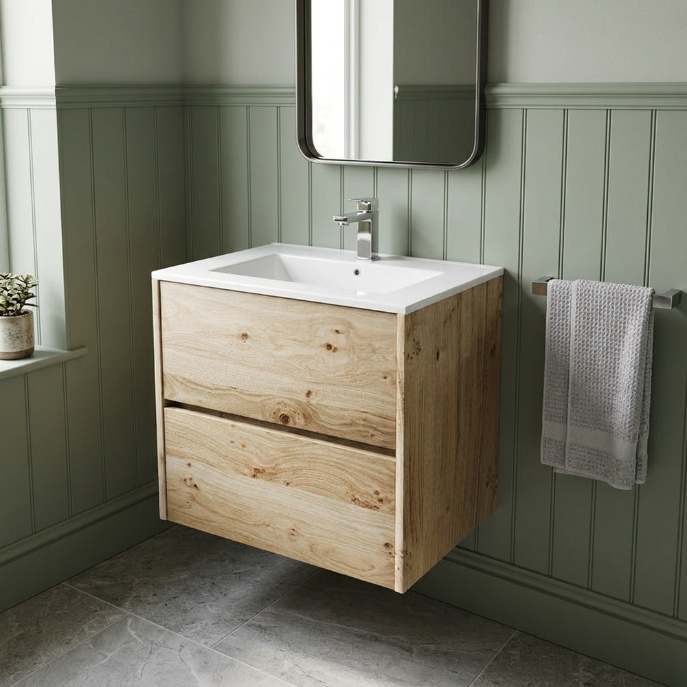 Akron rustic light oak wall hung vanity with white basin, three-quarter view against sage green panelling