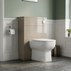 Pemberton latte gloss back to wall WC unit with white toilet, three-quarter view in a panelled cloakroom
