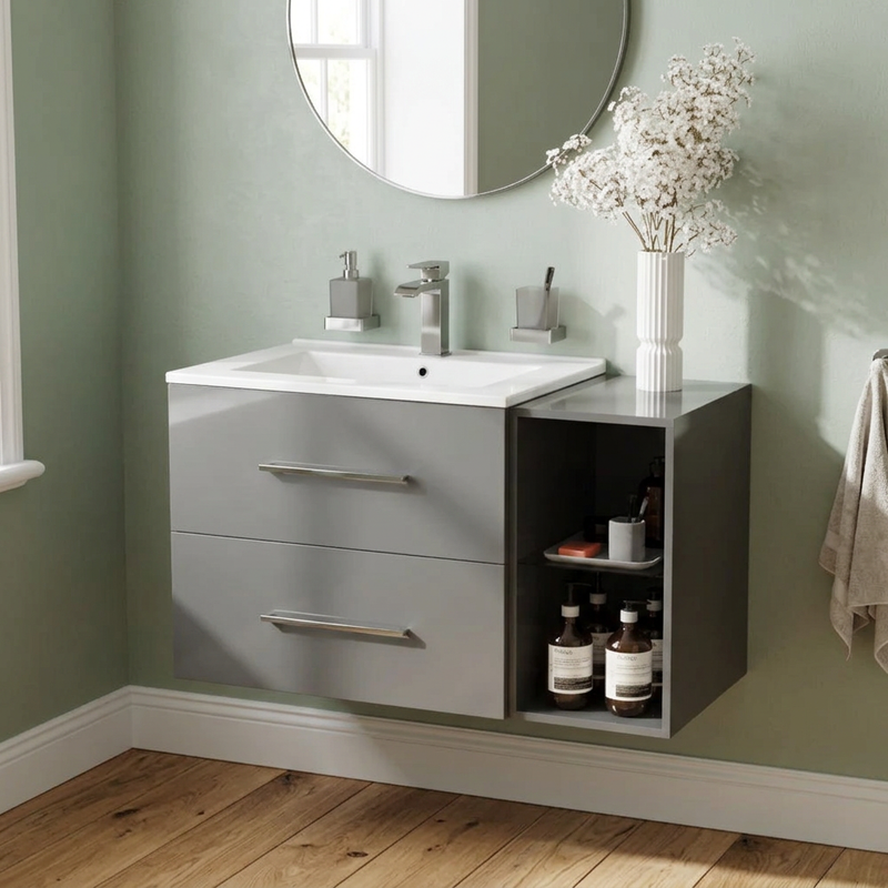 Sonix 890mm grey gloss wall hung vanity with white basin, chrome bar handles and open shelf unit in sage bathroom