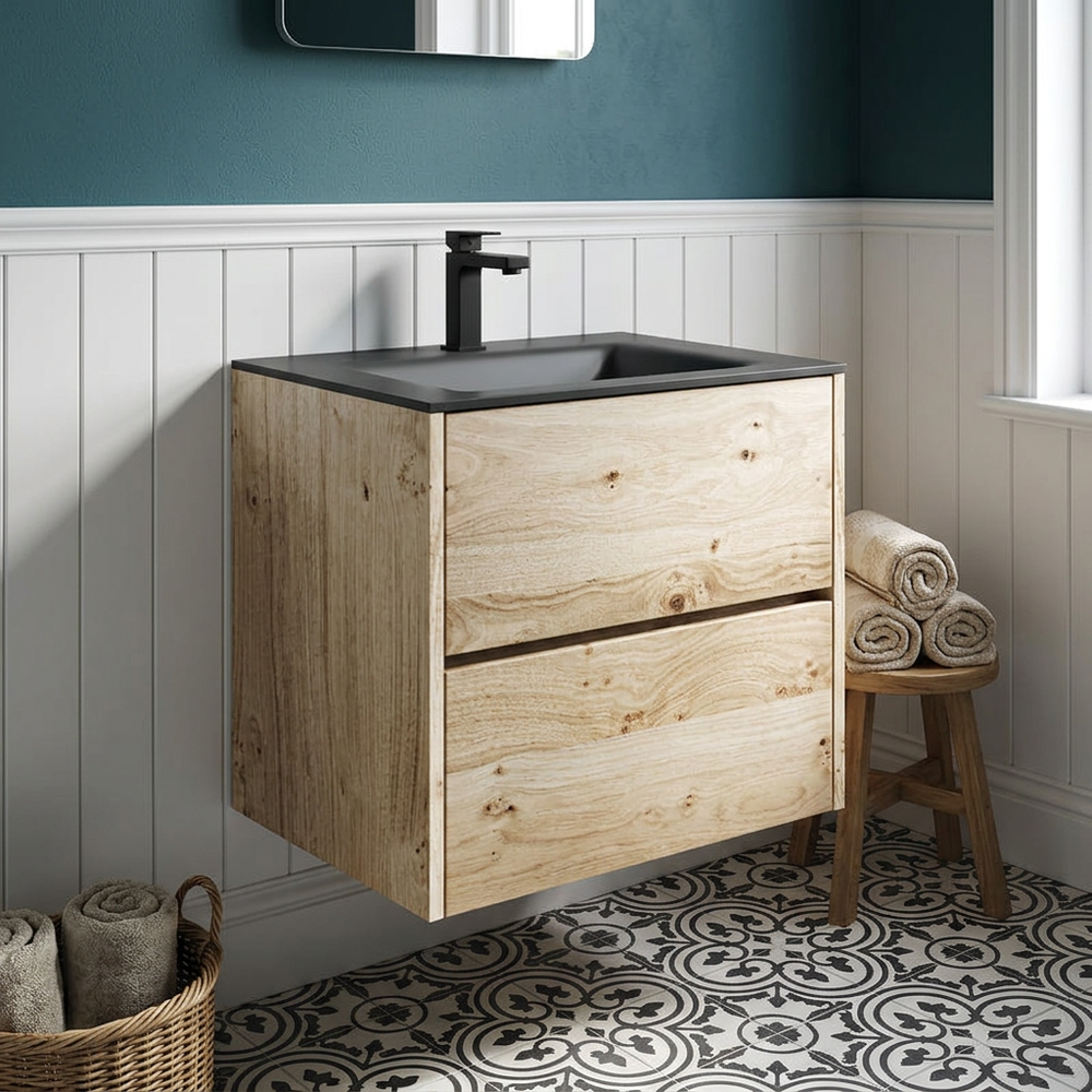 Akron rustic light oak wall hung vanity with black glass basin, three-quarter view in a panelled bathroom