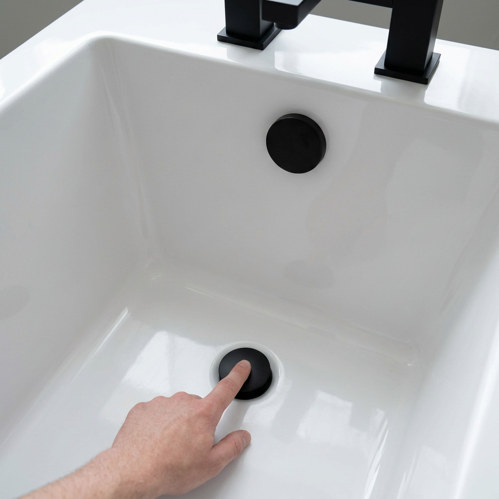 Matt black pop up bath waste and overflow at the waste end of the bath