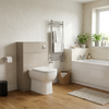 Bright bathroom with the Pemberton light taupe latte gloss back to wall toilet unit as the focal point