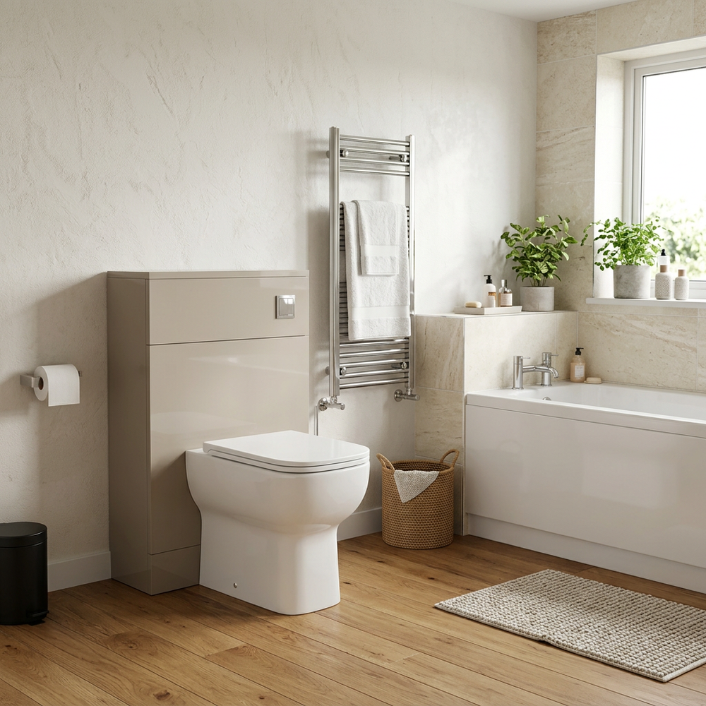 Bright bathroom with the Pemberton light taupe latte gloss back to wall toilet unit as the focal point