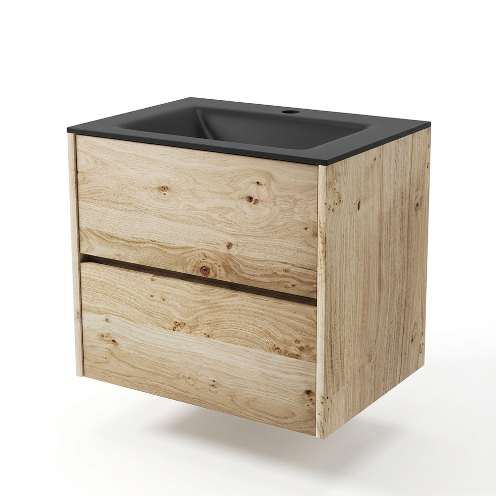 Akron 600mm rustic light oak vanity with black glass basin, three-quarter view on white background