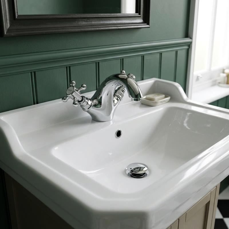Chester chrome crosshead basin mono mixer tap with swan spout on a white basin in a green panelled period bathroom