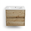 Akron 600mm rustic light oak vanity with white ceramic basin, front view on white background