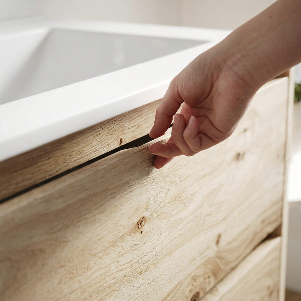 Close-up of hand opening the handleless finger-pull drawer on the Akron rustic light oak vanity
