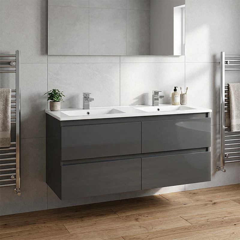 Pemberton 1200mm anthracite gloss wall hung double basin vanity, 4 handleless drawers, white twin basin, in situ