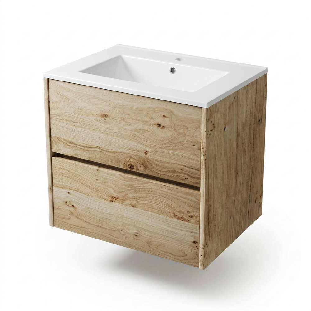 Akron 600mm rustic light oak vanity with white ceramic basin, three-quarter view on white background