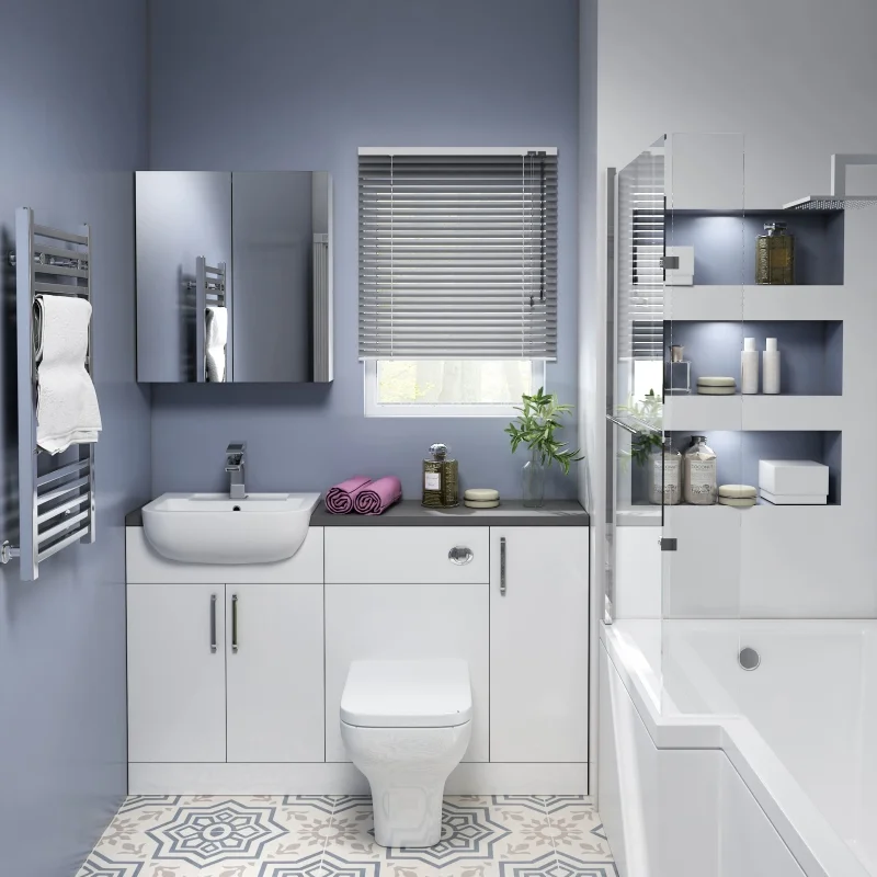Image of a Bathroom with Blue Walls and White Furniture