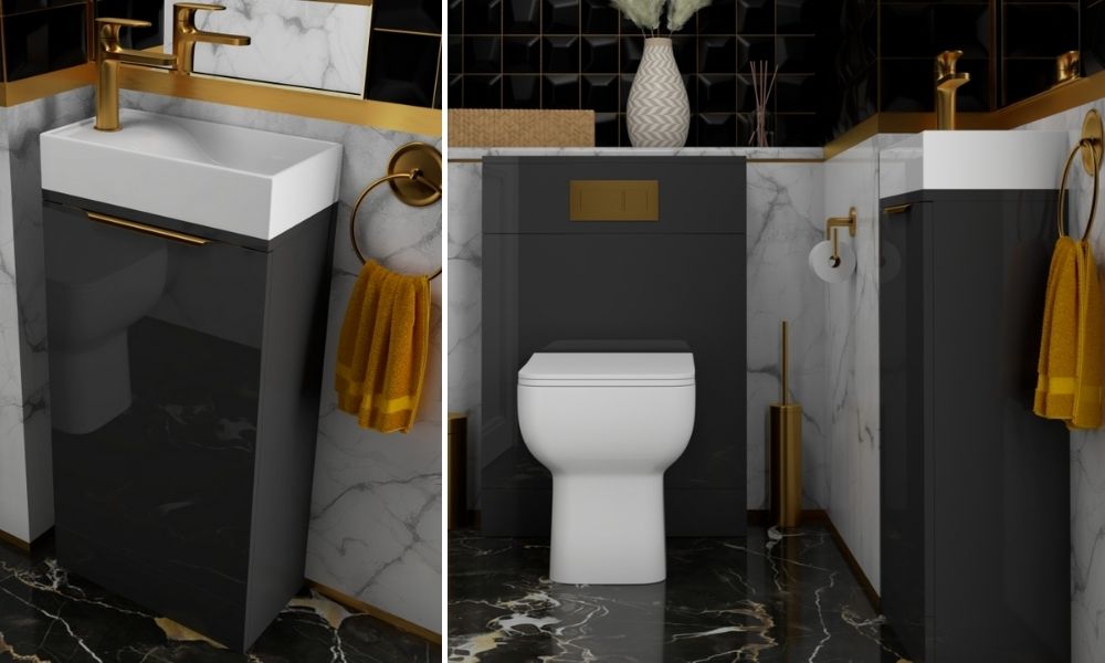 Dark-Grey-Basin-And-Toilet-Unit-With-Gold-Taps-And-Handles