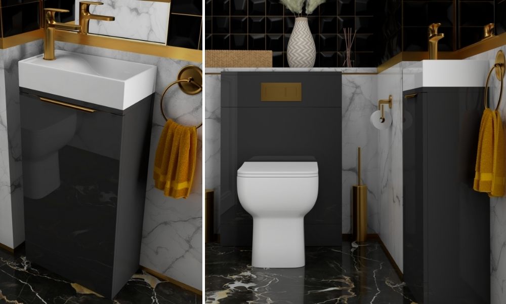 Jivana-410mm-Cloakroom-Grey-Vanity-Unit-And-Basin Dark-Grey-Basin-And-Toilet-Unit-With-Gold-Taps-And-Handles