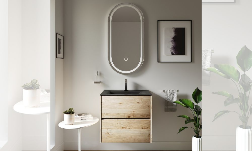 Akron Oak 600mm Wall-Hung Black Basin Unit